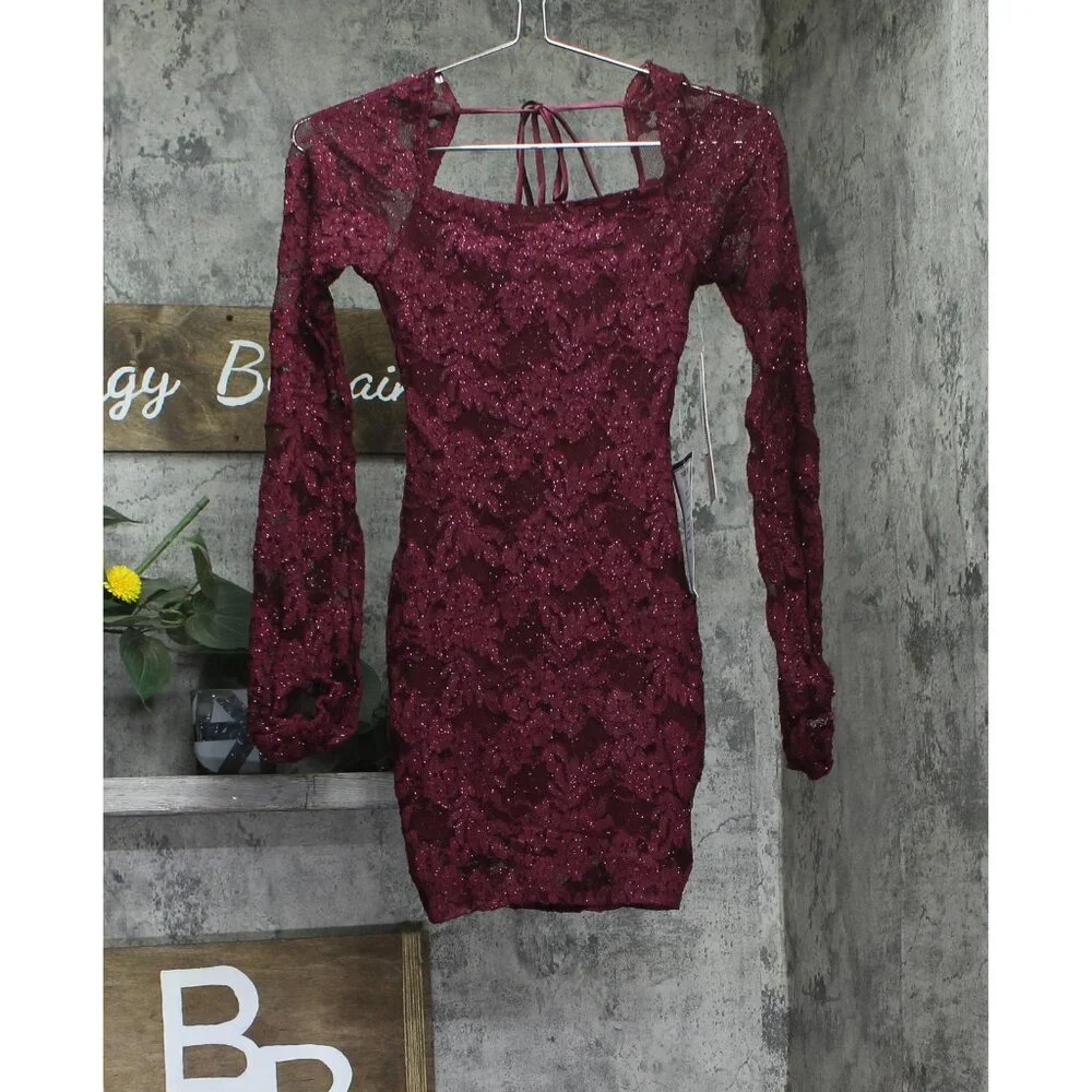 NWT Emerald Sundae Glitter Lace Bodycon Open Back Mini Dress Dark Red 2XS